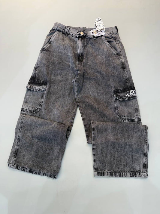 Calça Jeans Cargo Cinza Estonada